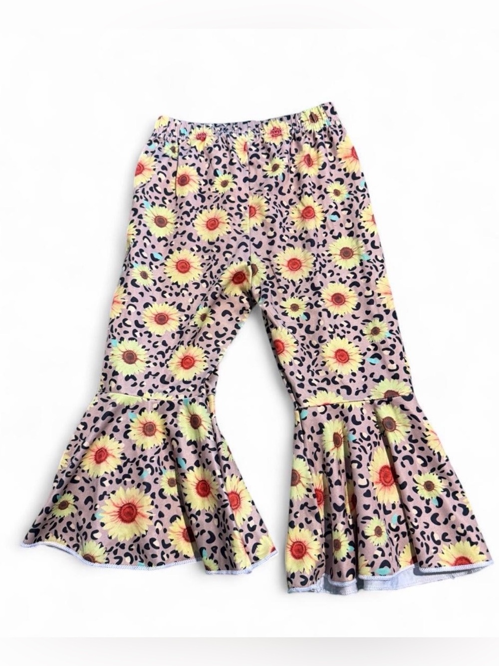 Girls Pink Floral & Leopard Print Bell Bottoms